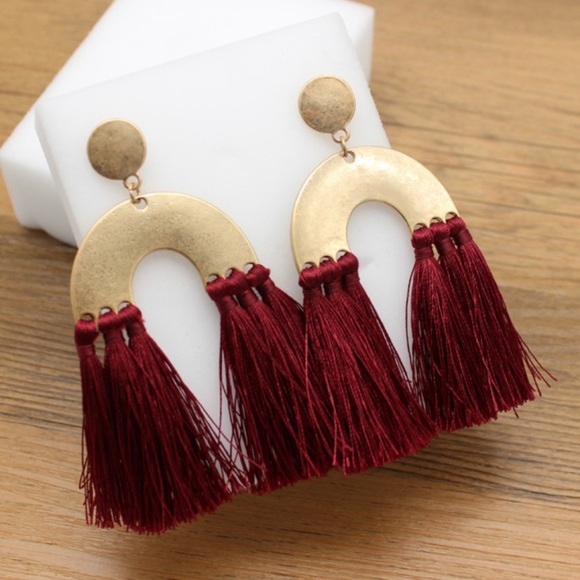 Gold Tone & Wine Red Tassel Drop Modern Earrings - Picture 2 of 5